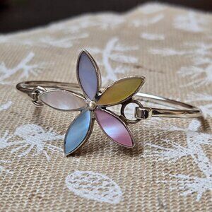Vintage 925 Sterling Silver Multi-Colored Flower Bangle Bracelet